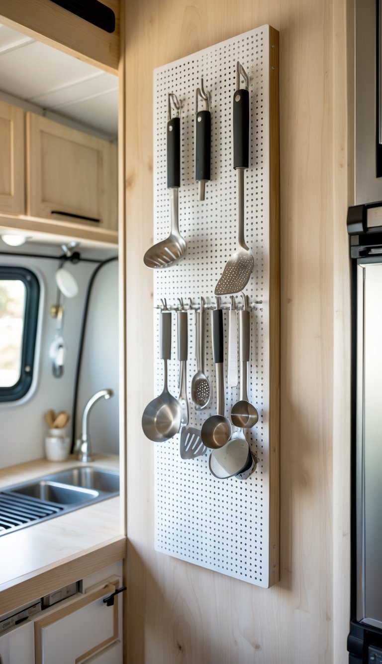 A compact camper kitchen with a vertical pegboard panel holding hanging kitchen utensils in an organized manner.