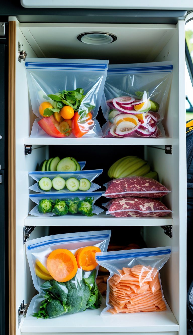 Vacuum-seal food saver bags with fresh food neatly stored inside a small camper kitchen cabinet.