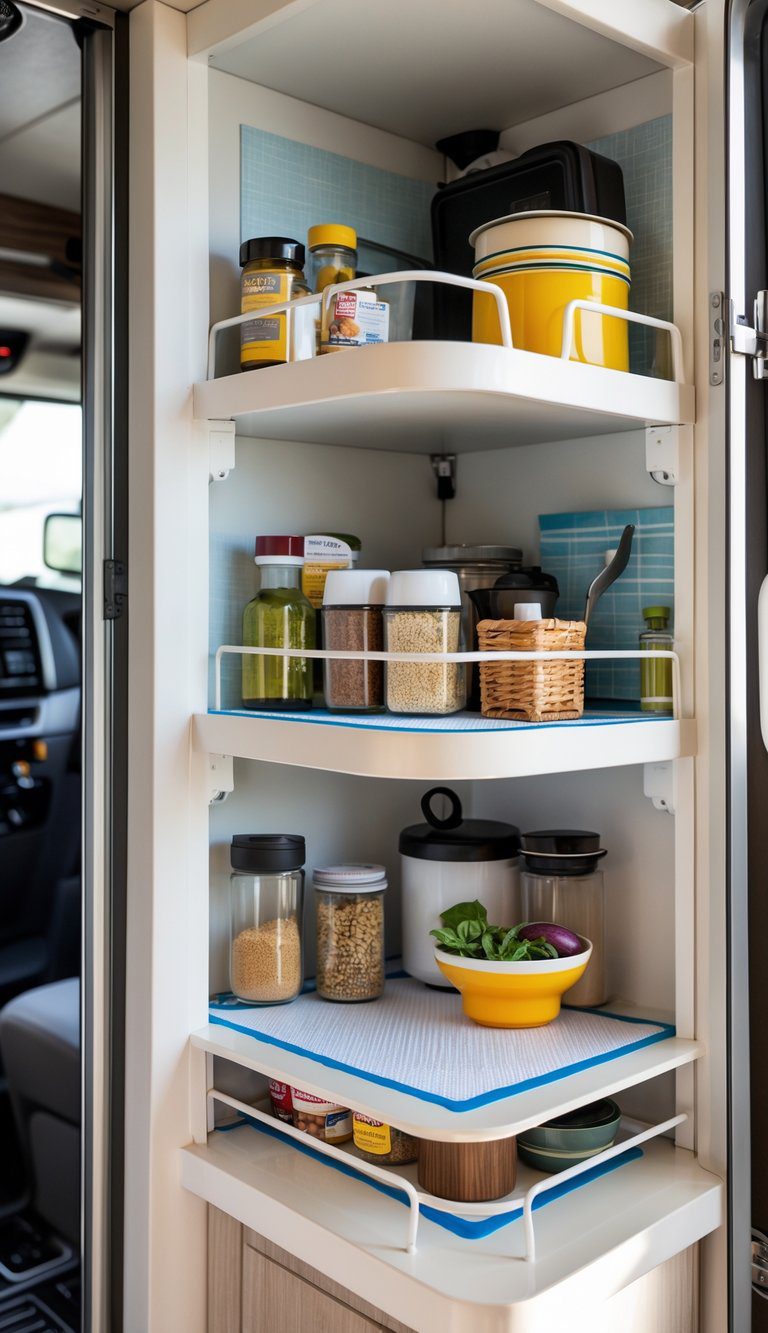 A small camper kitchen cabinet with neatly organized items on custom-cut non-slip shelf liners inside tight shelves.