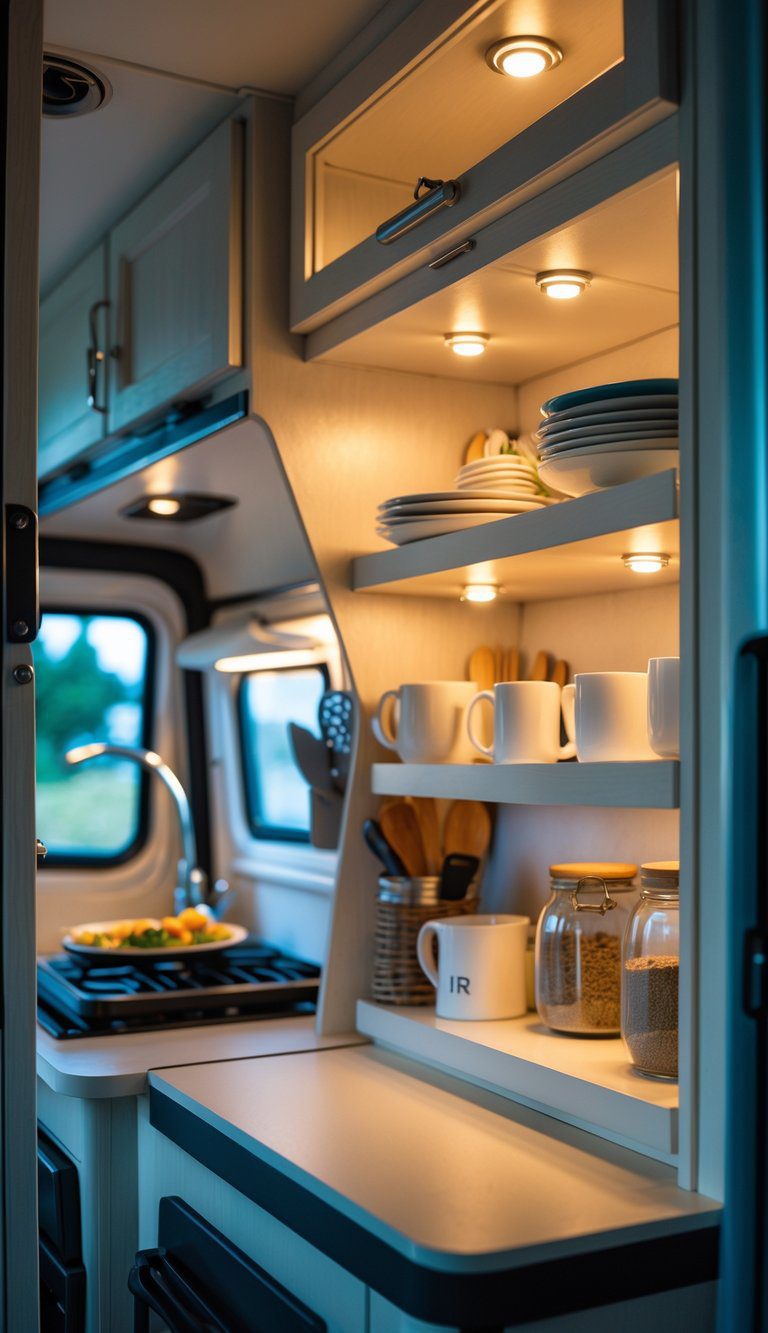 A small camper kitchen with organized cabinets illuminated by clip-on LED puck lights, showing neatly arranged kitchen items in a compact space.