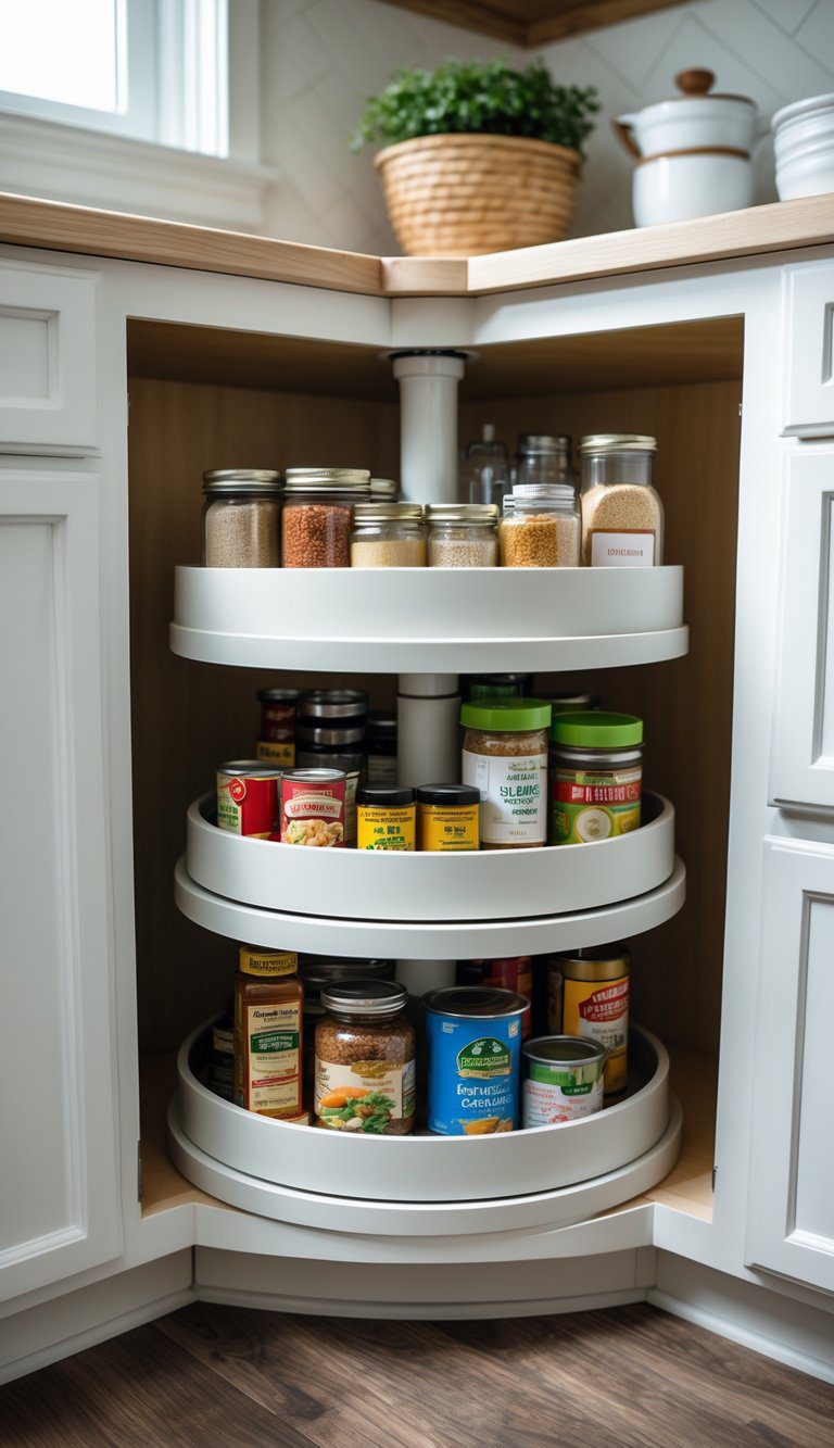Open corner kitchen cabinet with a Lazy Susan turntable holding organized spices and containers.