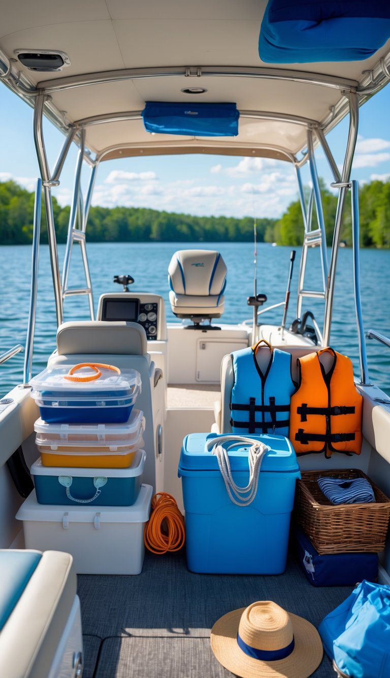 A family boat docked at a calm lake, showing neatly organized storage bins, life jackets, fishing rods, and picnic items arranged inside the boat.