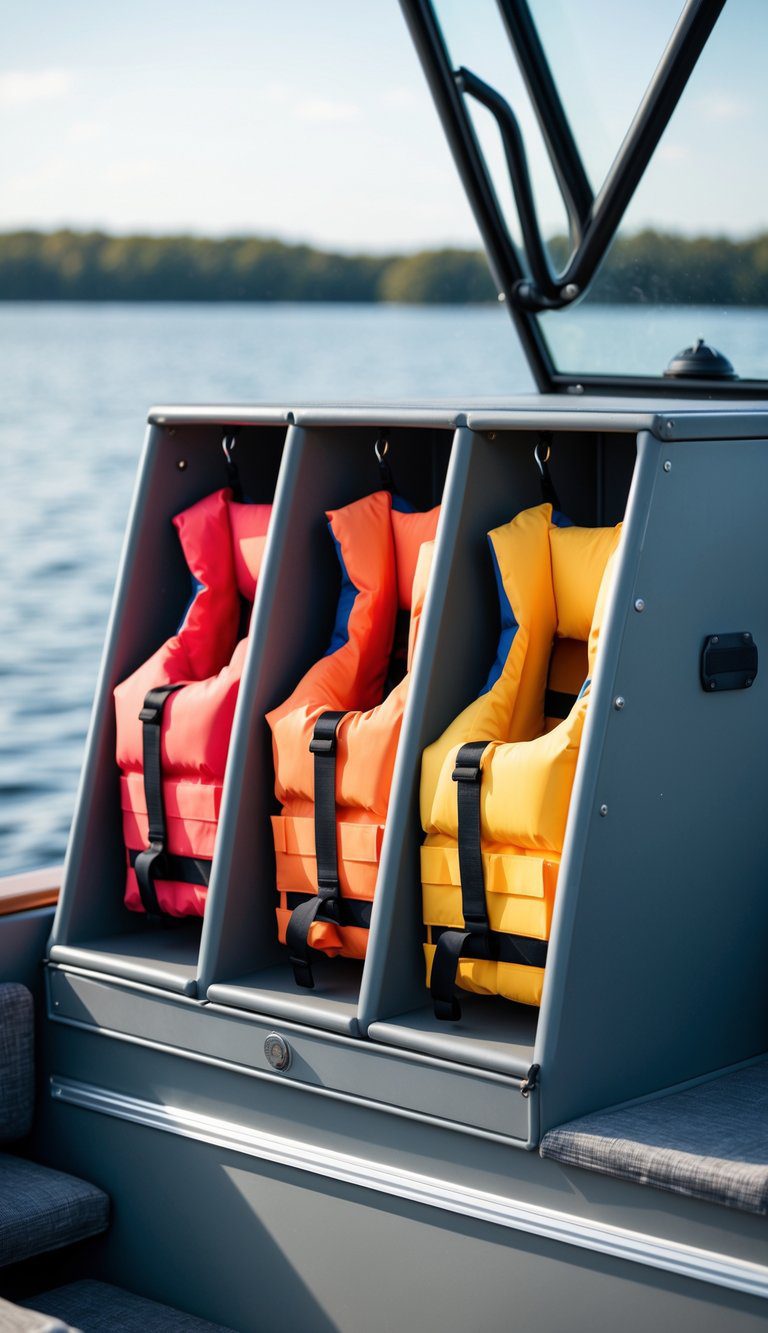 An organized boat life jacket cubby with multiple life jackets arranged in separate slots by a calm lake.