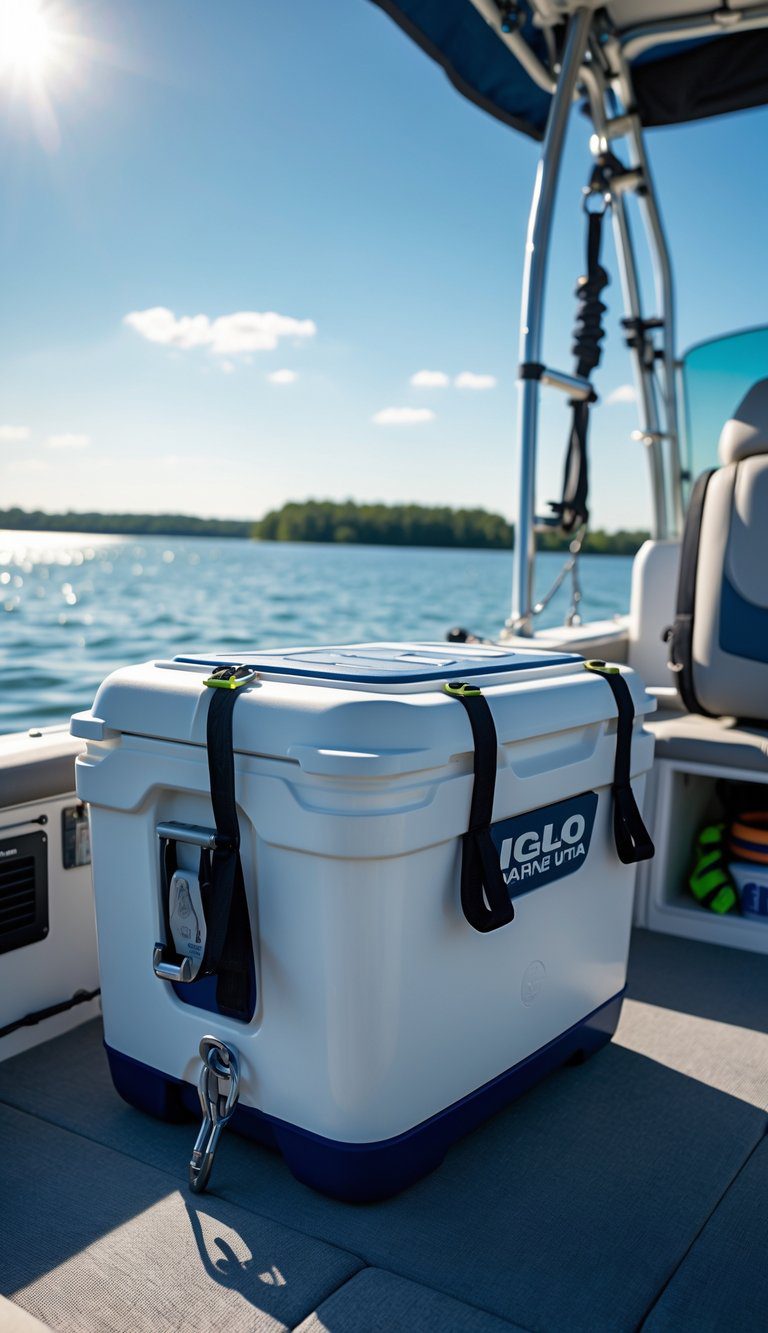 Igloo Marine Ultra Cooler secured with bungee cords on a boat deck on a calm lake with a family enjoying a day on the water in the background.