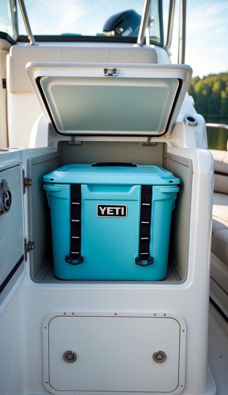 YETI Hopper M20 soft cooler stored inside a built-in locker on a boat, with boating gear nearby.