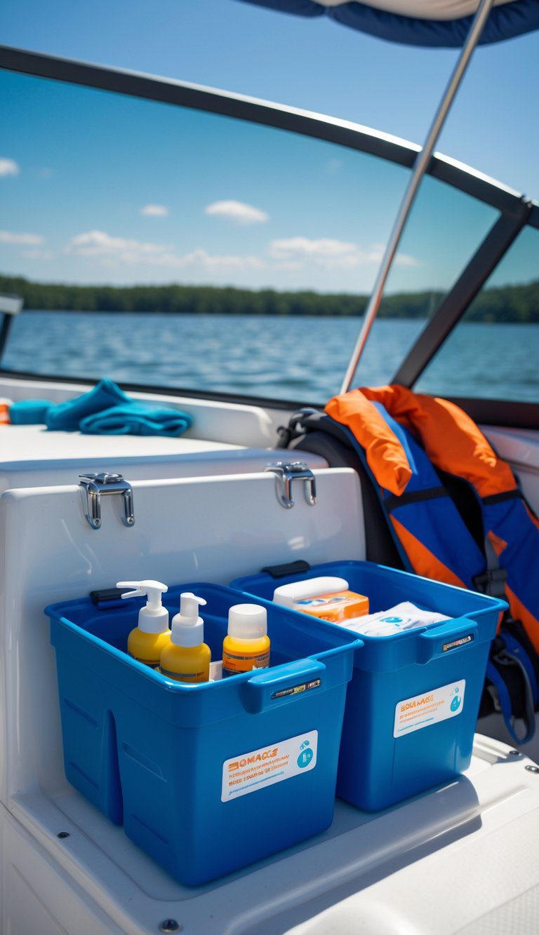 Organized waterproof storage bins with sunscreen and first aid supplies inside a boat on a sunny lake.