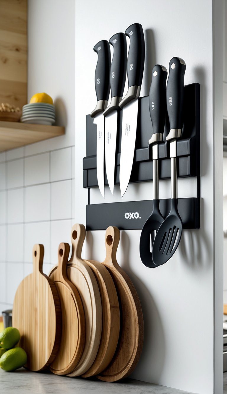 A kitchen wall with a magnetic knife strip holding knives and utensils above wooden cutting boards on a countertop.