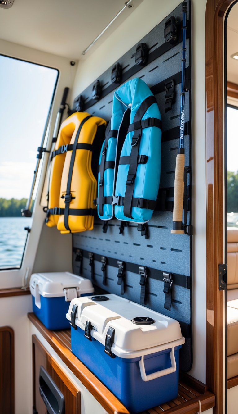 Boat interior with a wall panel holding adjustable tie-down straps securing boating gear.