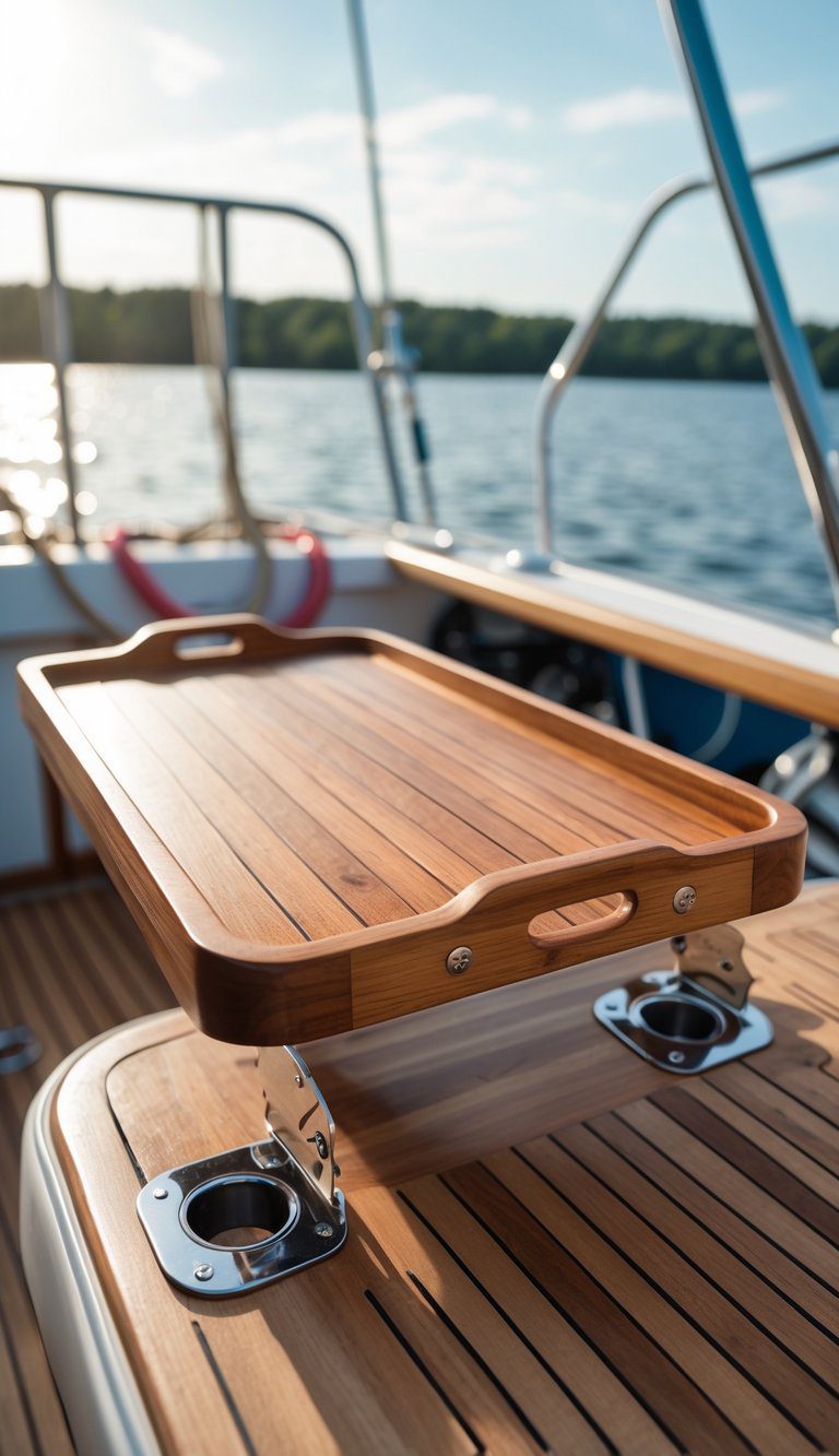 Teak serving tray mounted with quick-release brackets on a boat, overlooking a calm lake under a clear sky.