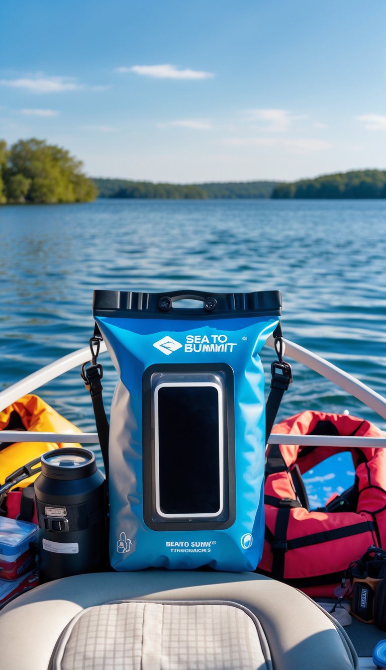 A family boat deck with an under-seat waterproof dry bag for phones and cameras, surrounded by boating gear on a sunny lake.