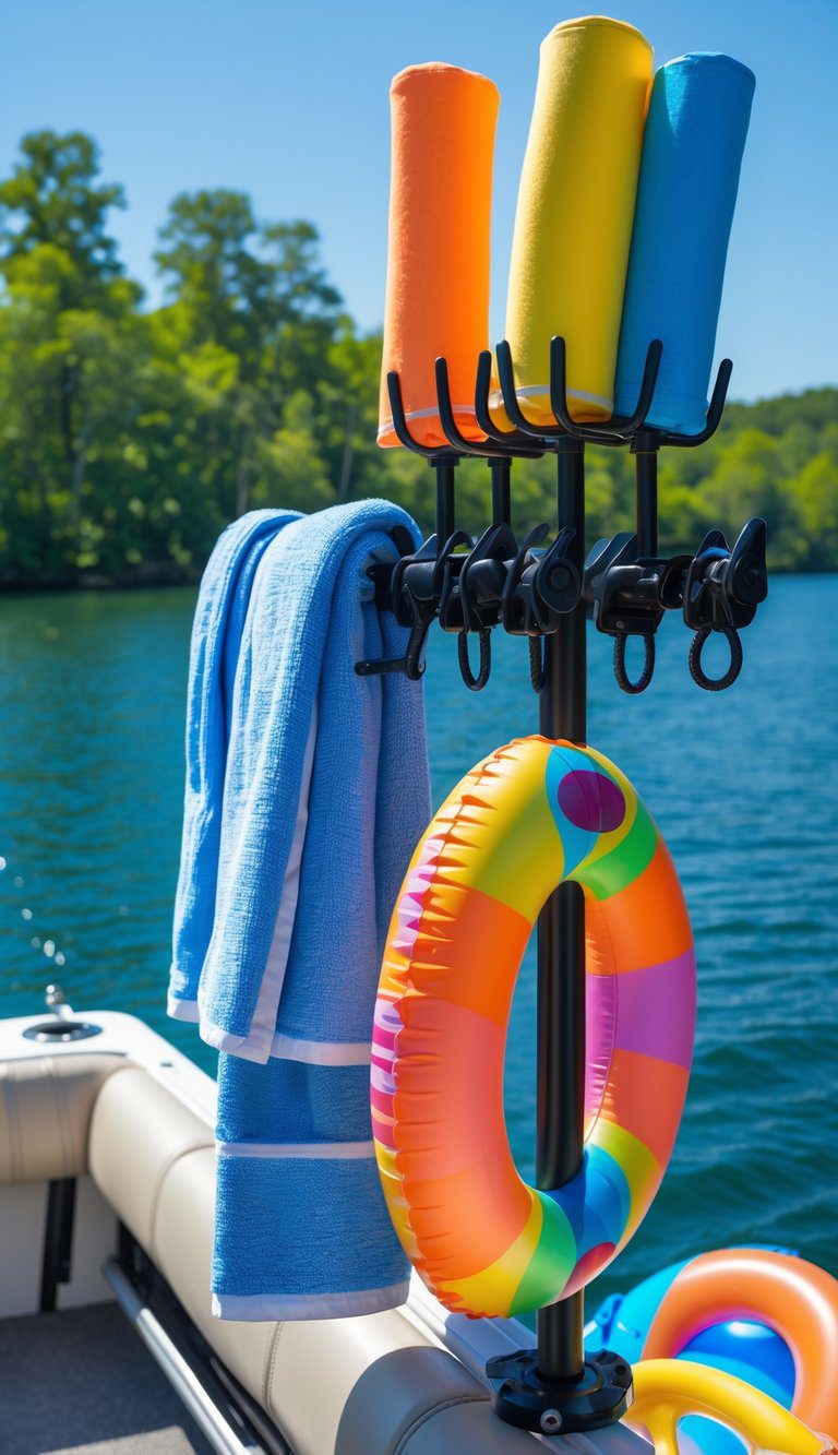 Boat deck with a multi-clip rod holder holding towels and inflatable toys by a lake on a sunny day.