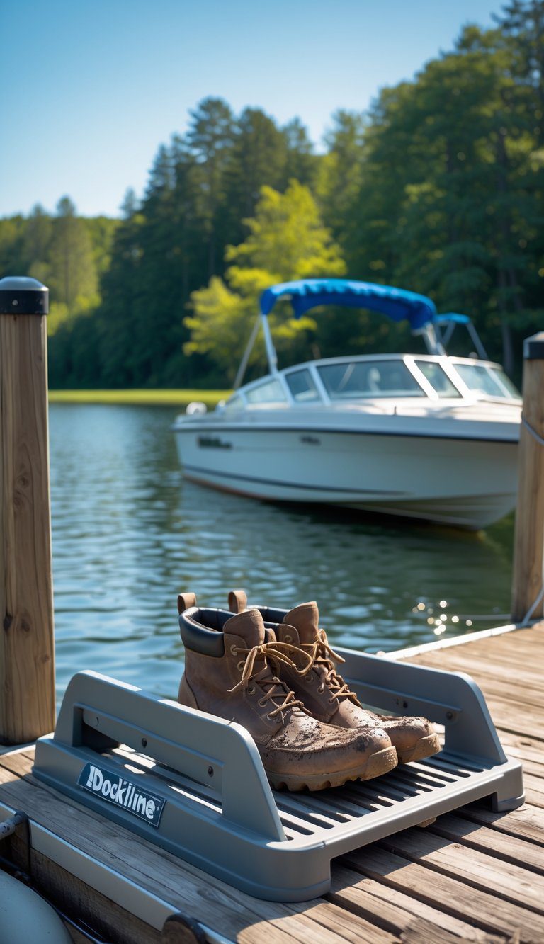A folding step and shoe rack on a wooden dock holding muddy boots next to a boat by a calm lake.