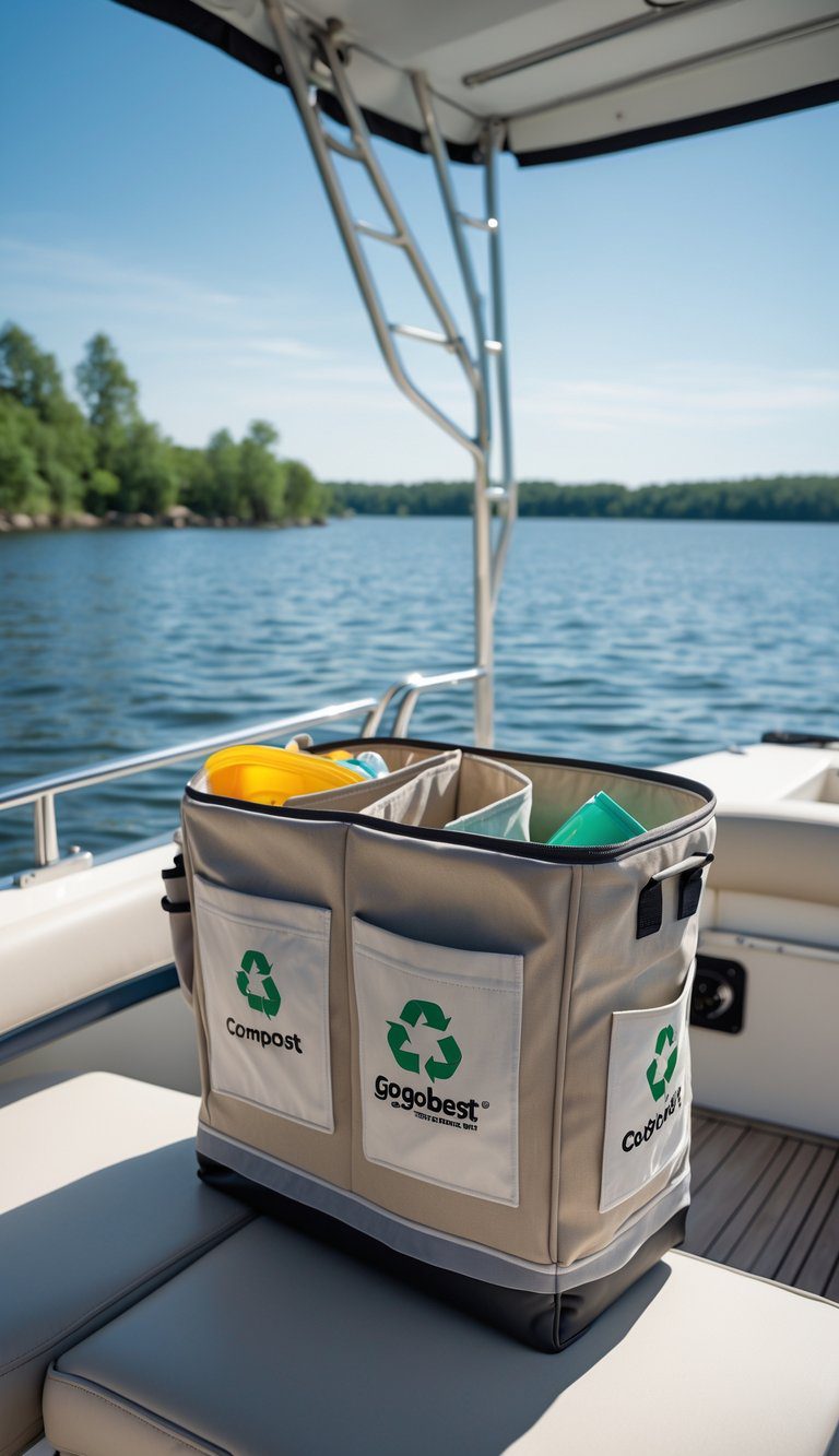 A portable trash caddy with separate compost and recycling pouches on a family boat by a lake surrounded by trees.