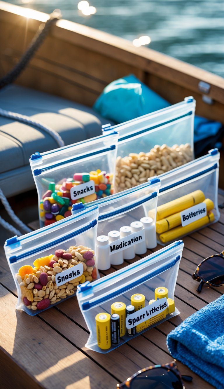 Clear zip pouches containing snacks, medication, and spare batteries arranged neatly on a boat surface with a lake in the background.