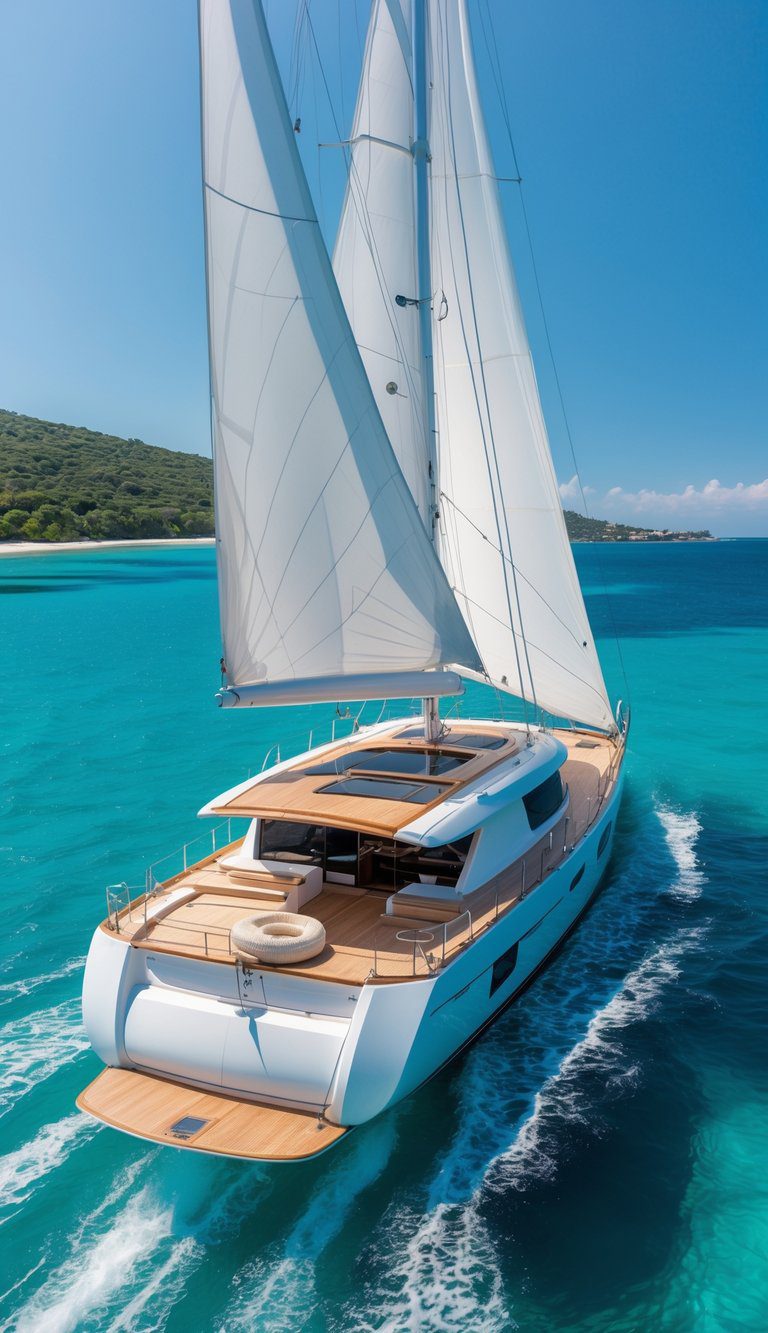 A sailboat with white sails on clear blue water near a green coastline under a sunny sky.