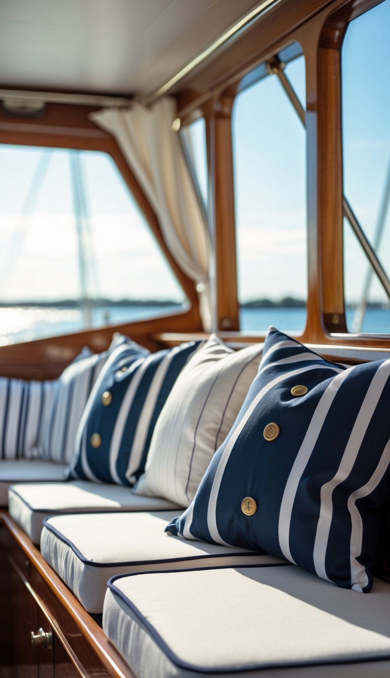 A boat seating area with navy-and-white striped cushions featuring brass buttons, set on a wooden bench with water and sky in the background.