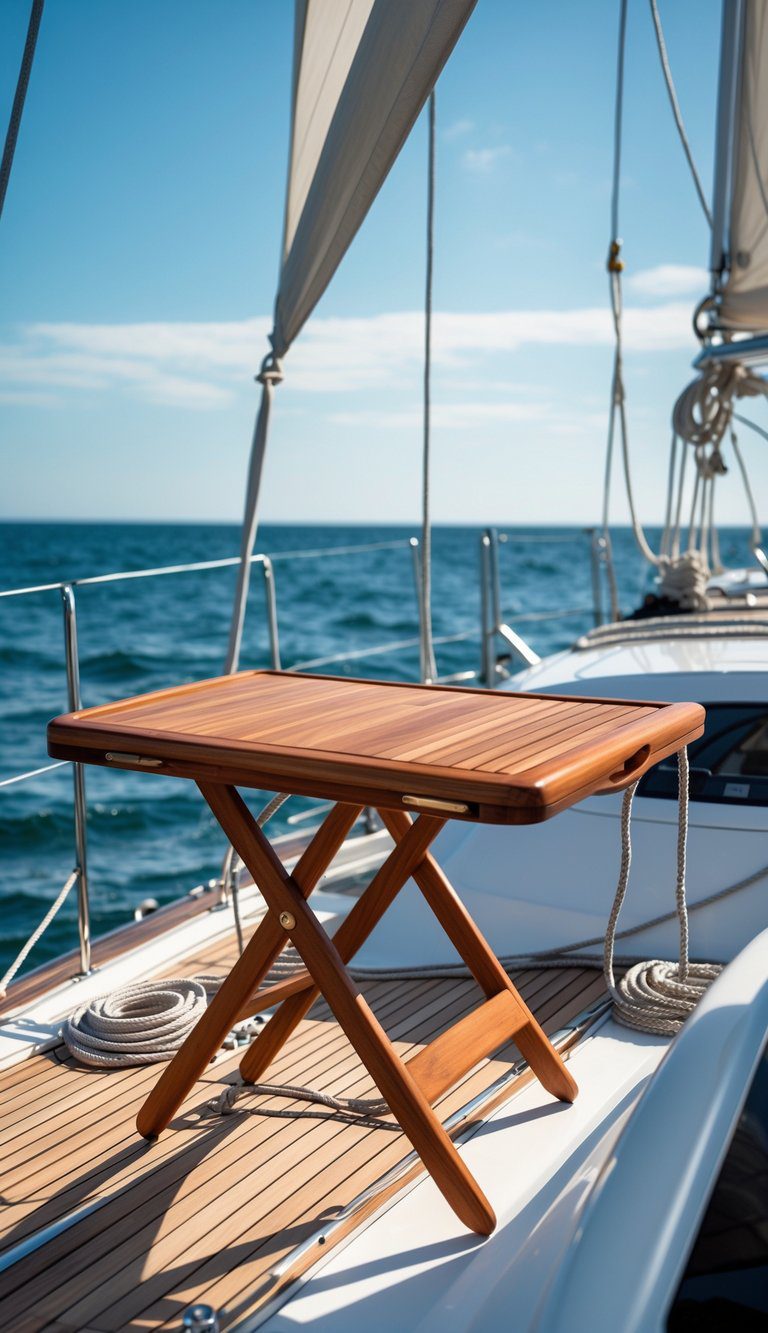 A teak folding cockpit table on a sailing boat with the sea visible in the background.