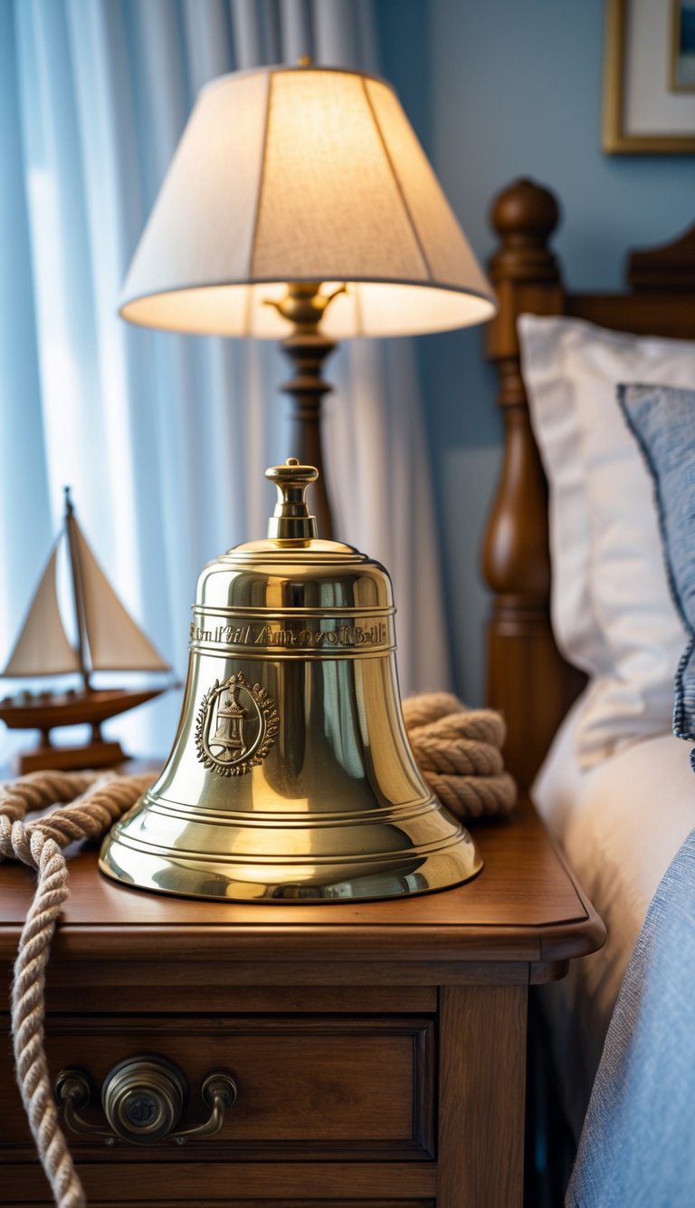 A vintage brass ship’s bell on a wooden bedside table surrounded by sailing-themed decor in a cozy bedroom.