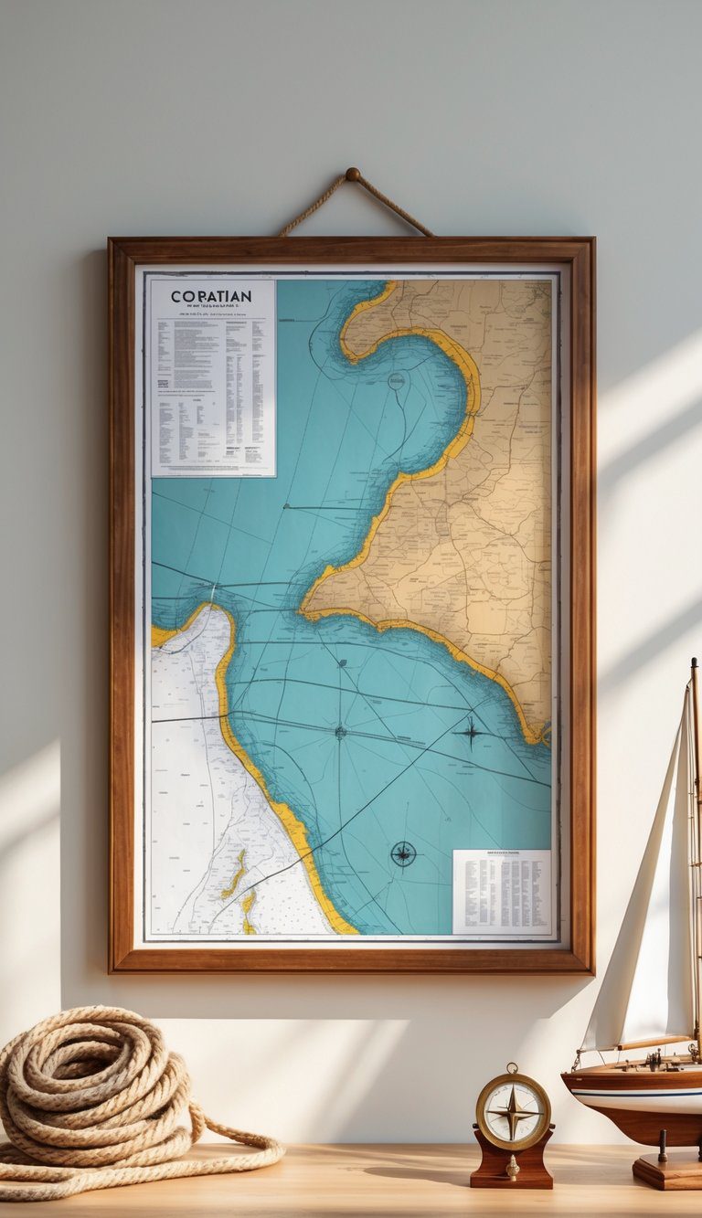 A framed nautical chart showing a detailed cruising area, surrounded by sailing instruments and a model sailboat on a wooden surface.