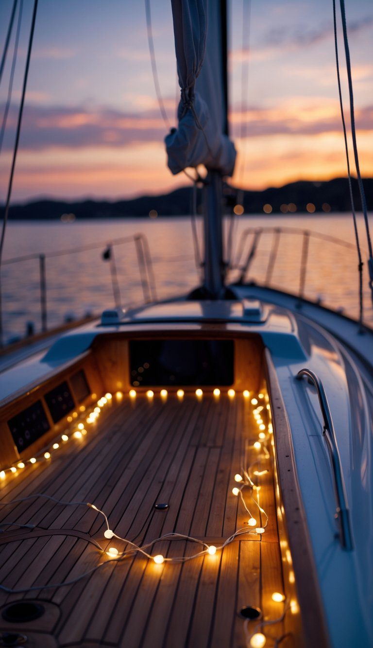 Sailboat cockpit at dusk lit by warm white string lights with calm water and sunset sky in the background.