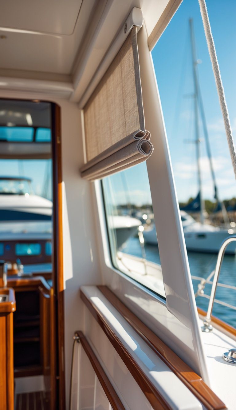 Close-up of sailcloth window shades on a boat with a marina and other sailboats in the background.
