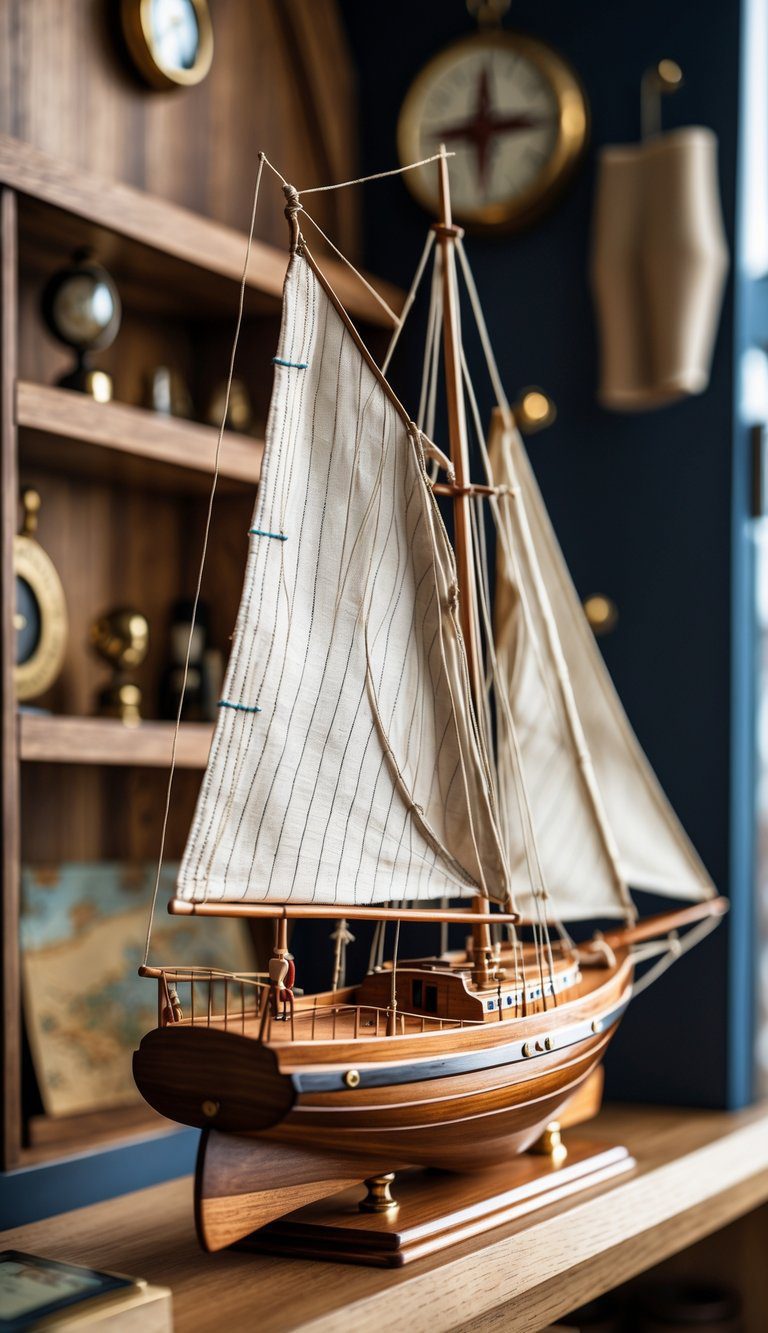 A detailed wooden model of a gaff-rigged sailboat displayed on a shelf with soft lighting.