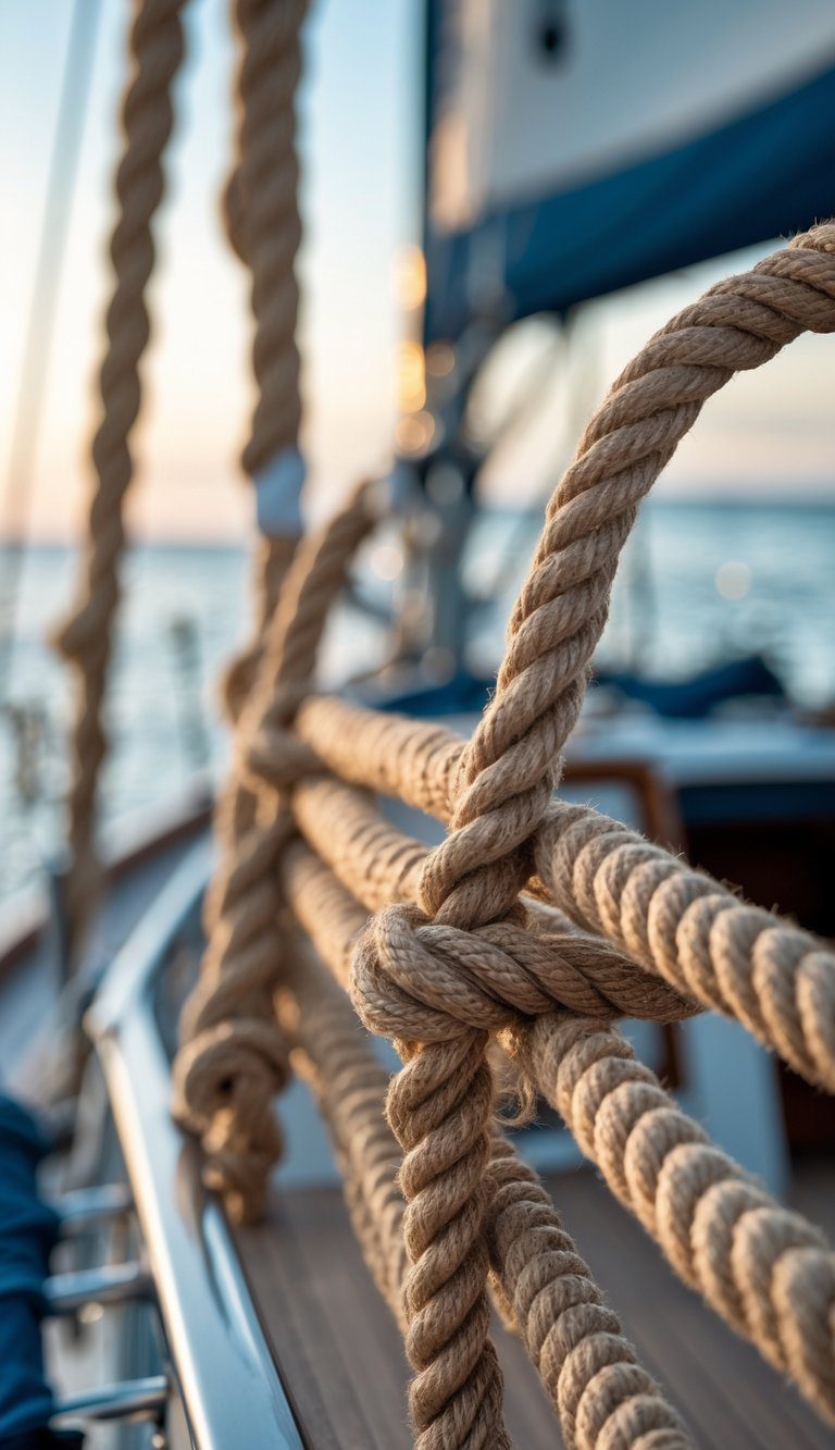Close-up of natural hemp rope handrail covers wrapped around a boat railing with a blurred sailing deck and sea in the background.