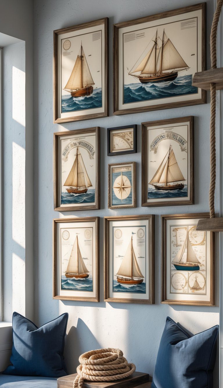 An interior wall decorated with framed vintage sailing prints above a seating area with nautical decor.