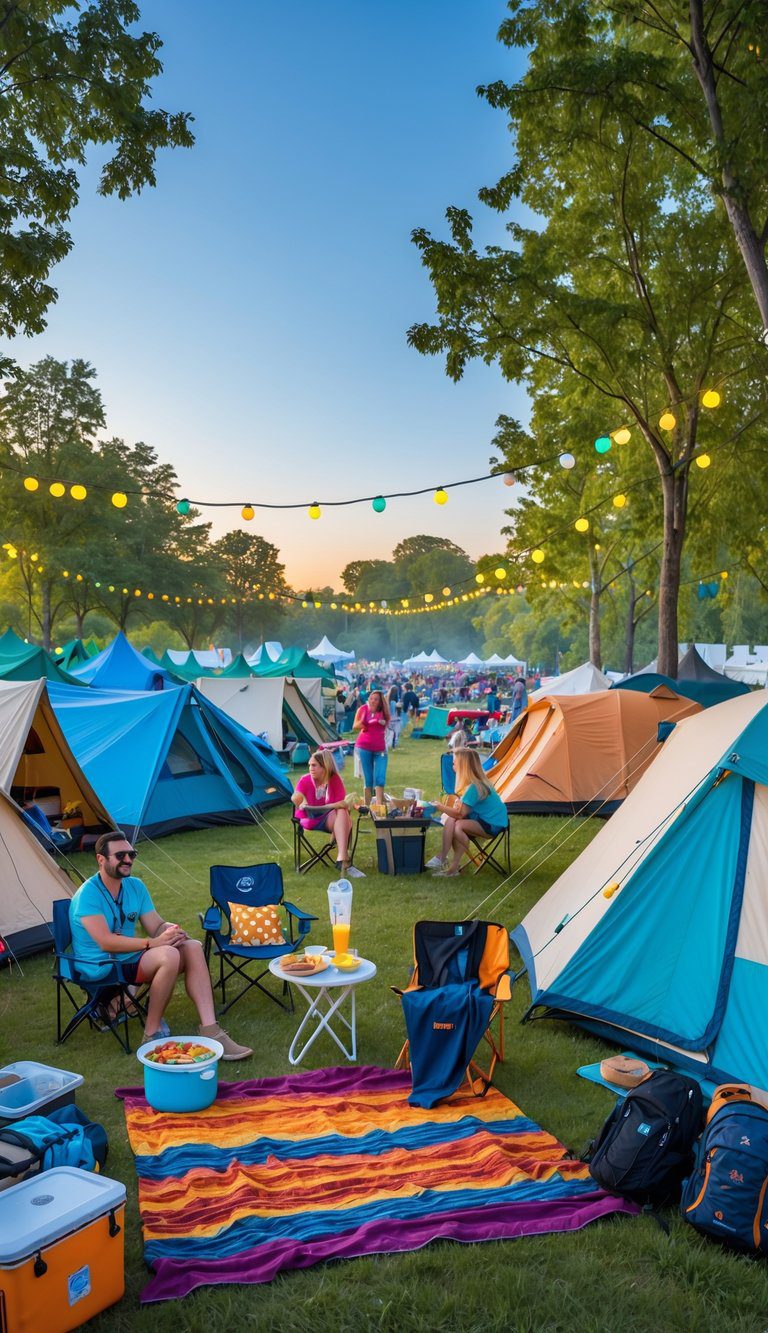A festival camping area with colorful tents, seating areas, string lights, and people relaxing outdoors surrounded by trees.