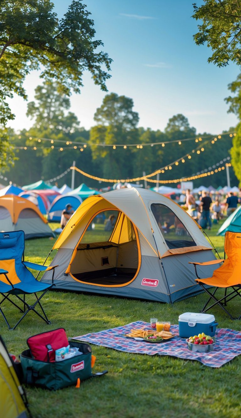 A 3-person Coleman Sundome tent set up at a festival campsite with camping chairs, a cooler, and string lights during the day.