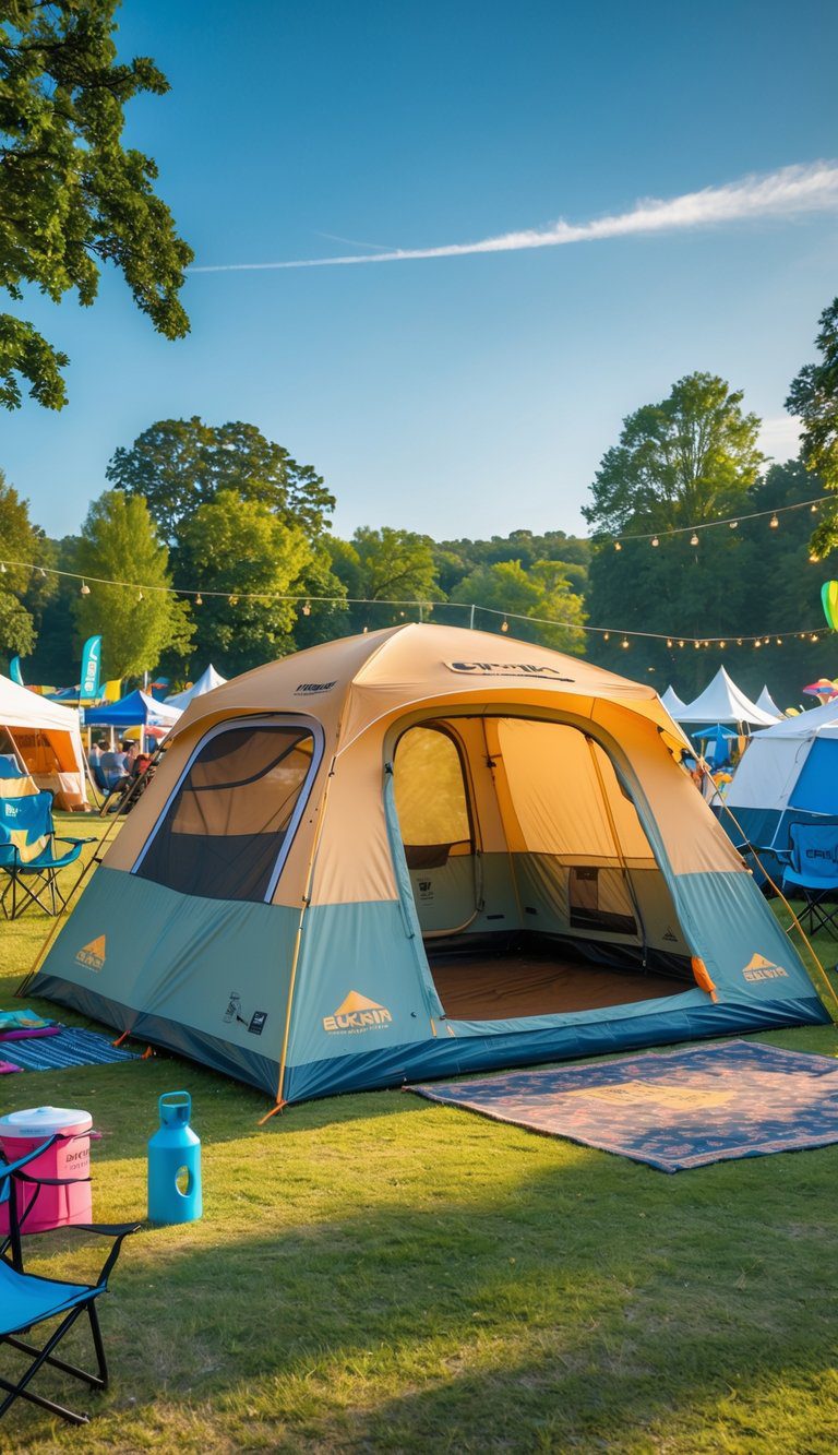 A large camping tent set up at a festival campsite with chairs, coolers, and camping gear on green grass under a clear sky.