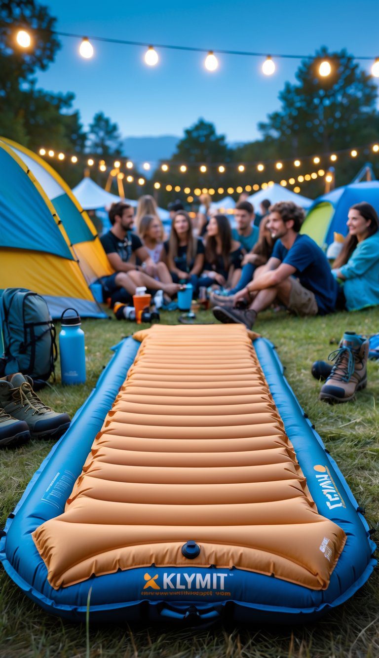An outdoor festival camping scene with a Klymit Static V2 inflatable sleeping pad set up on grass surrounded by camping gear and tents, with people relaxing nearby.