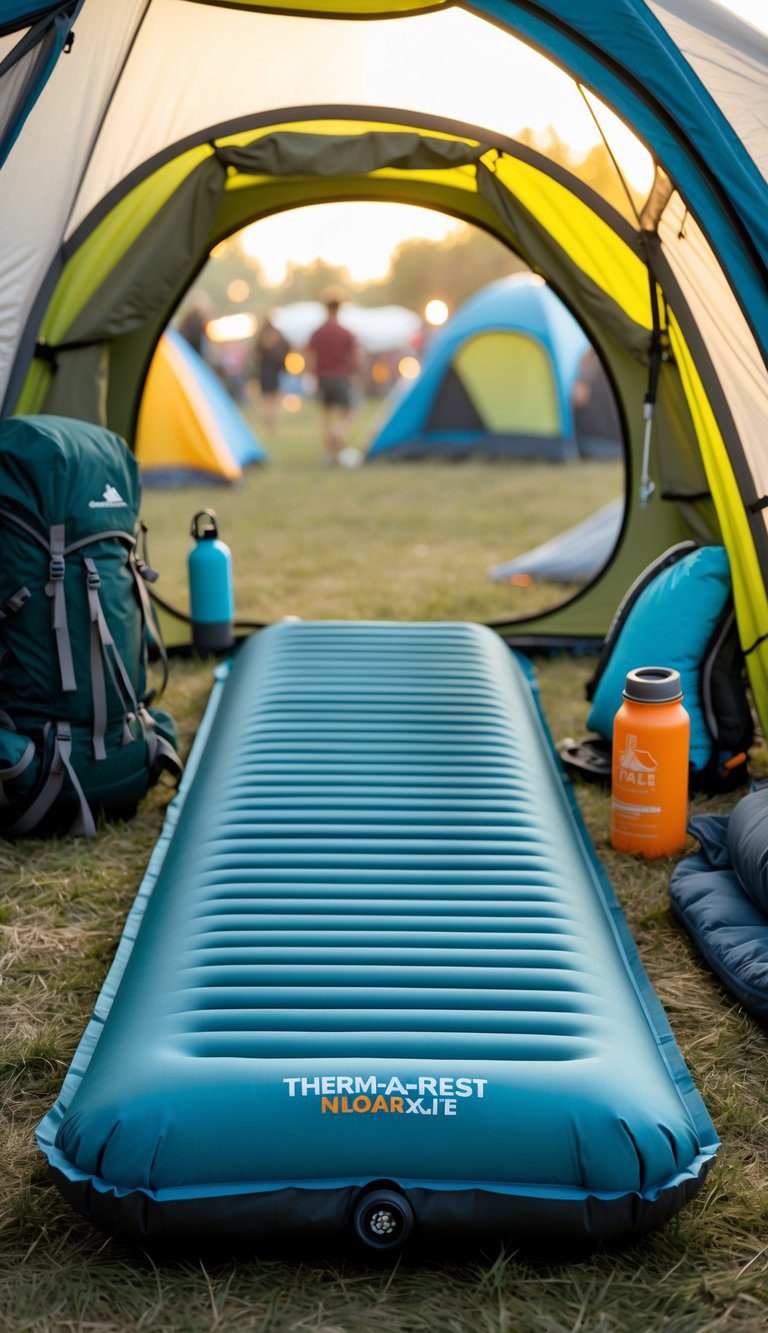 A camping tent interior with a Therm-a-Rest NeoAir XLite sleeping pad inflated on the ground, surrounded by camping gear and soft natural light.