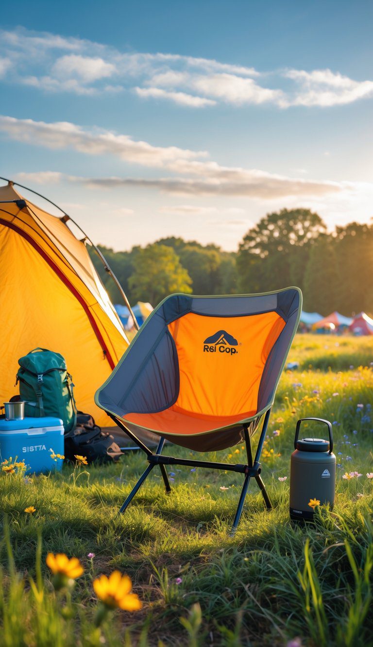An outdoor camping scene with a comfortable chair, tent, and camping gear set up in a grassy area surrounded by trees.