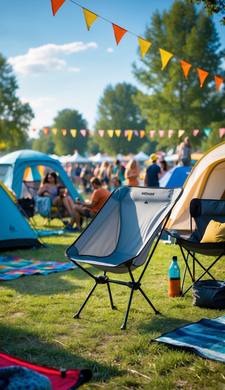 A Helinox Chair One camp chair set up at a festival campsite with tents and people enjoying the outdoors on a sunny day.