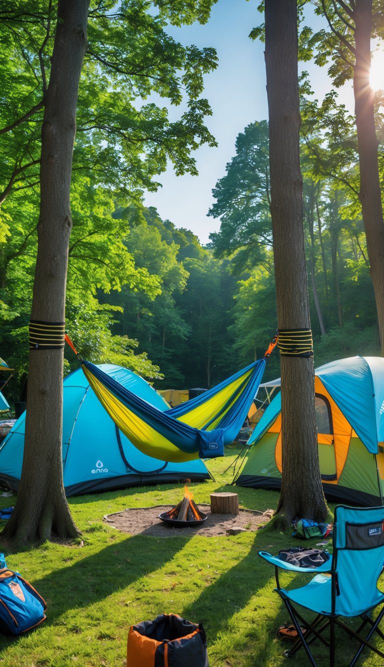 A hammock set up between two trees in a forest campsite with camping gear and a tent nearby.