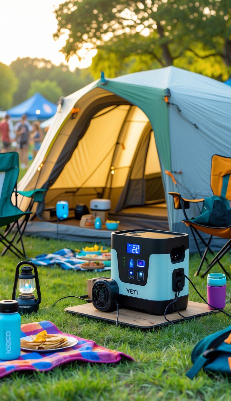 A festival camping scene with a tent, camping chairs, and the Goal Zero Yeti 200X portable power station powering camping devices during the day.