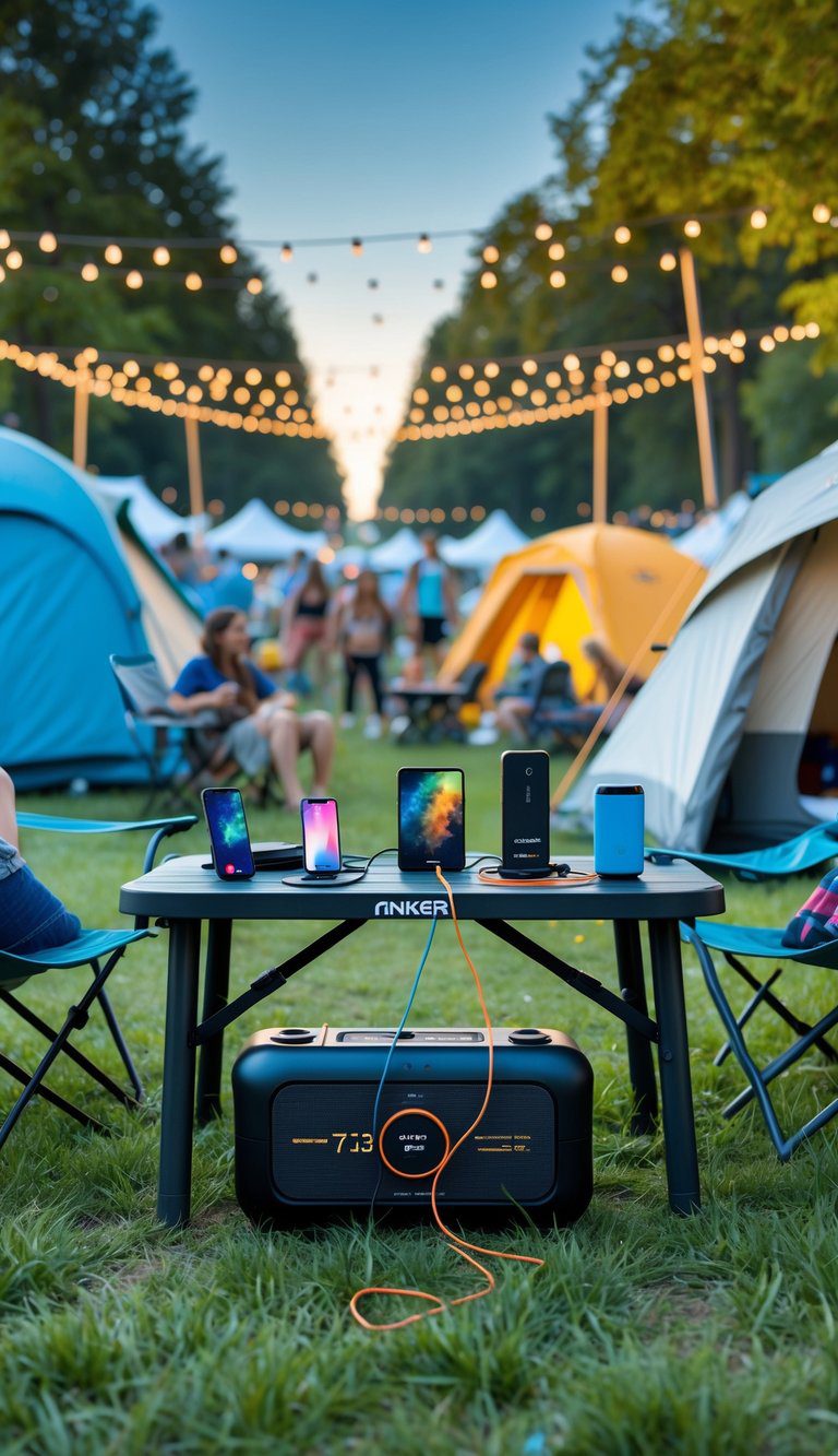 A festival campsite with tents, camping chairs, and an Anker 737 Power Bank charging devices on a picnic table during a sunny day.