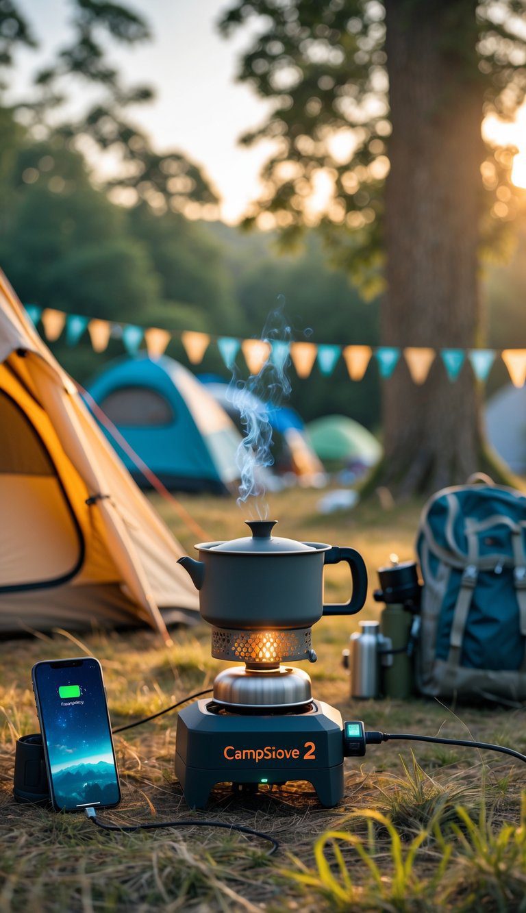 A portable camp stove with a kettle on top and a smartphone charging beside it, set up next to a tent in a grassy outdoor festival camping area.