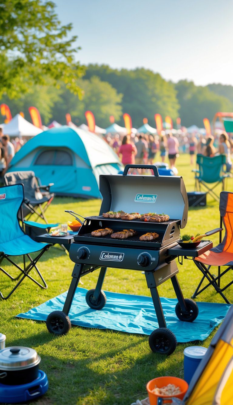 A Coleman RoadTrip 225 portable grill cooking food at a festival campsite with tents, chairs, and people enjoying an outdoor camping event.