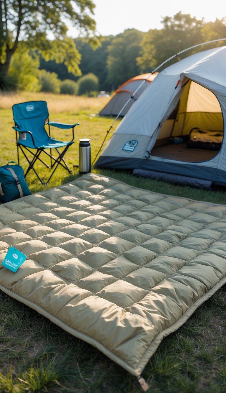 A cozy outdoor camping scene with a quilted camp blanket spread on the grass, surrounded by camping gear including a tent, chair, and table in a natural setting.