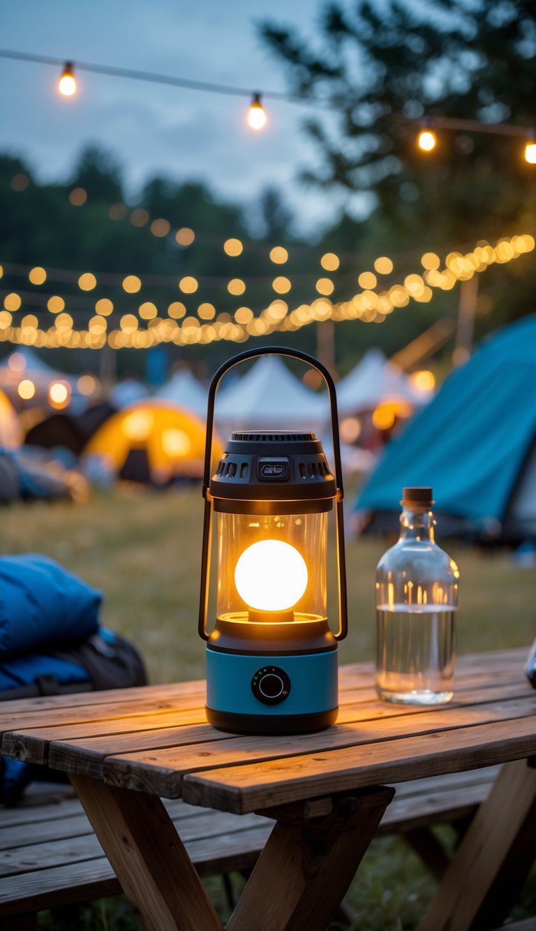 A battery-powered LED lantern with warm light on a picnic table surrounded by camping gear at a festival campsite during early evening.