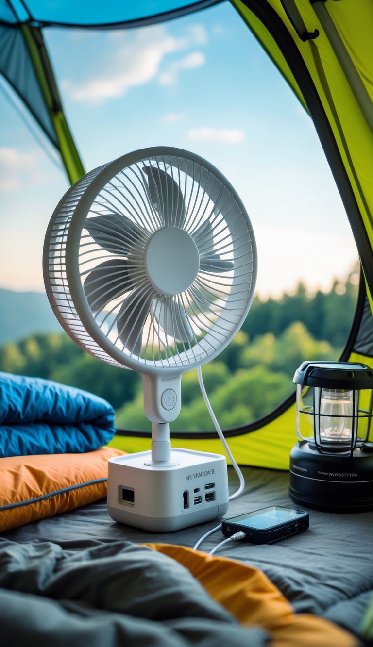 Clip-on USB-powered fan attached inside a camping tent with camping gear and a forest visible outside.
