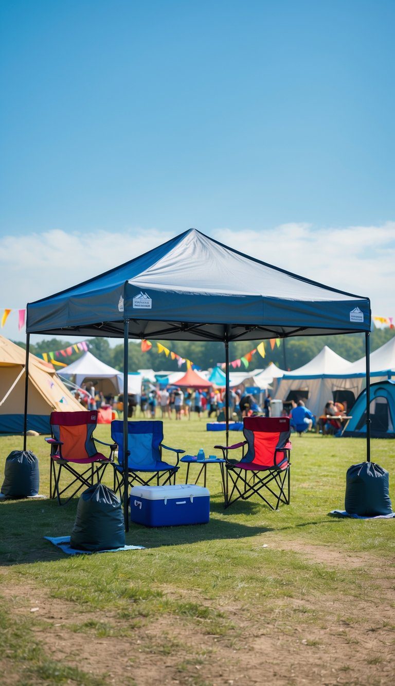 A 10x10 pop-up canopy secured with sandbags at a festival campsite with chairs and camping gear underneath.