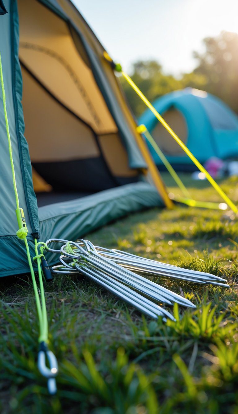 Close-up of reflective guy lines attached to a tent and secured with metal tent stakes on a grassy campsite.