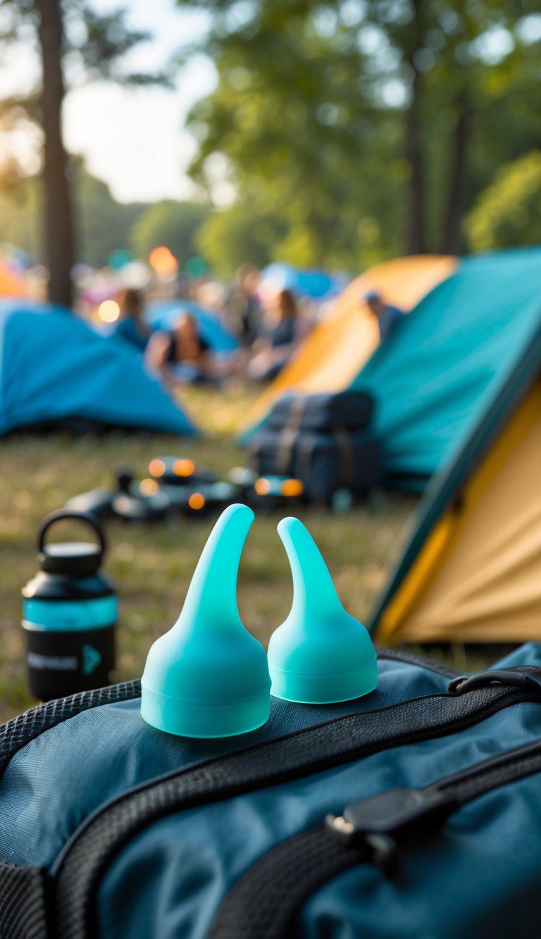 Close-up of silicone earplugs placed on camping gear with a festival campsite and tents in the background.