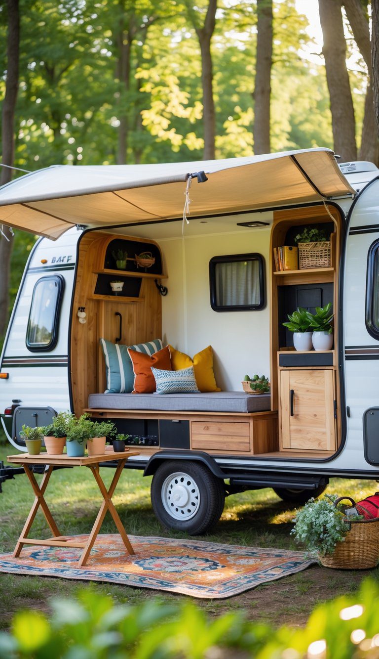 A remodeled pop-up camper set up in a forest clearing with open canvas sides and visible interior furnishings.