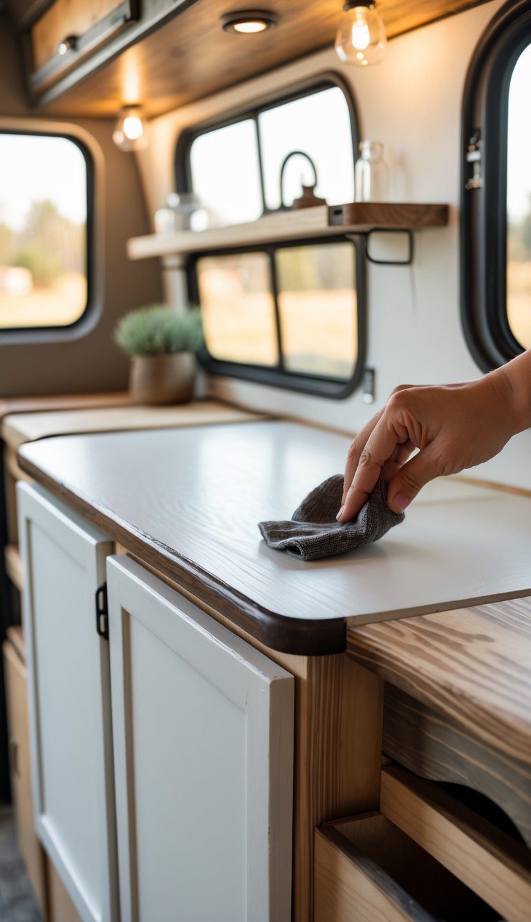Close-up of plywood cabinets being painted white and waxed inside a camper.