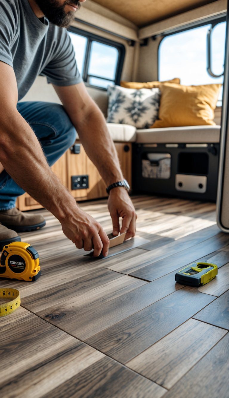Hands installing wood-look vinyl planks on the floor inside a pop-up camper.