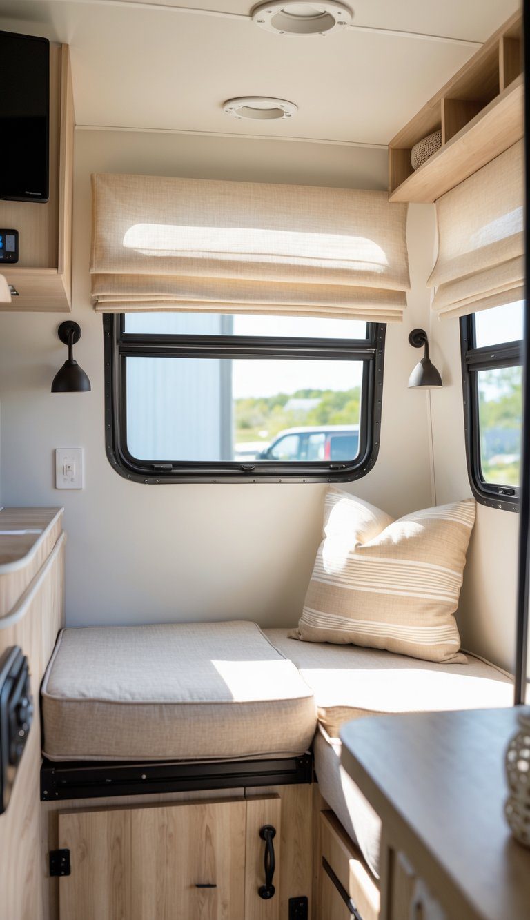 Interior of a pop-up camper with linen Roman shades covering the windows and a cozy seating area inside.